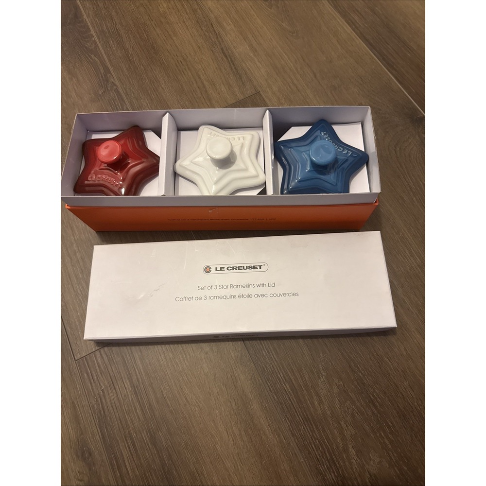 Le Creuset Star Ramekin 3 Pc Set Limited Edition Red White Blue July 4th NEW Box